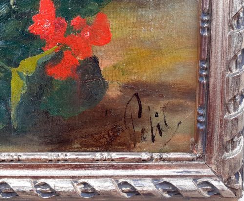 fig 1. The toppled over geranium pot: garden flowers, 19th Century French floral still life oil study on board