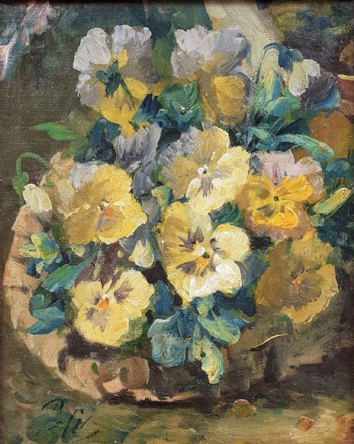 Humble Pansies in a Pot, Cheerful Garden Flowers: 19th Century French Floral Still Life Oil on Canvas