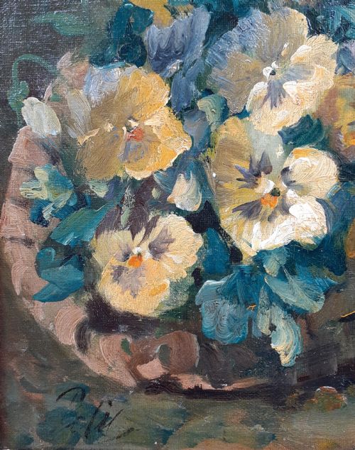 fig 1. Humble pansies in a pot, cheerful garden flowers: 19th Century French floral still life oil on canvas