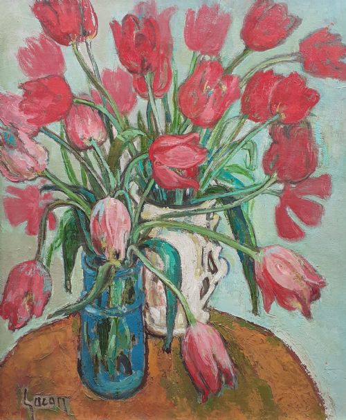 Exuberant Red Tulips Strong French Woman Artist's Floral Still Life Oil on Canvas