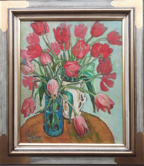 fig 1. Exuberant Red Tulips strong French Woman artist's Floral Still Life oil on canvas