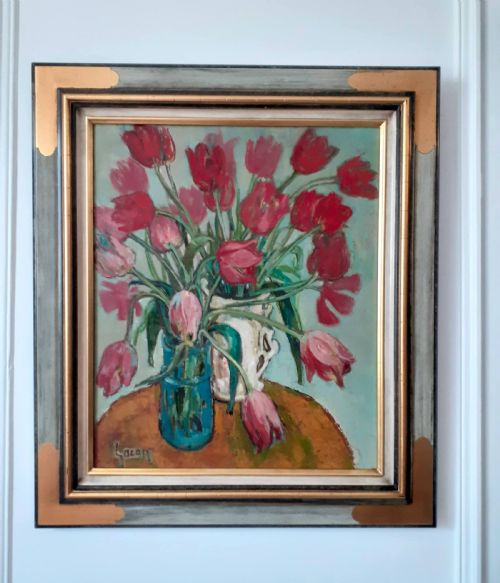 fig 2. Exuberant Red Tulips strong French Woman artist's Floral Still Life oil on canvas