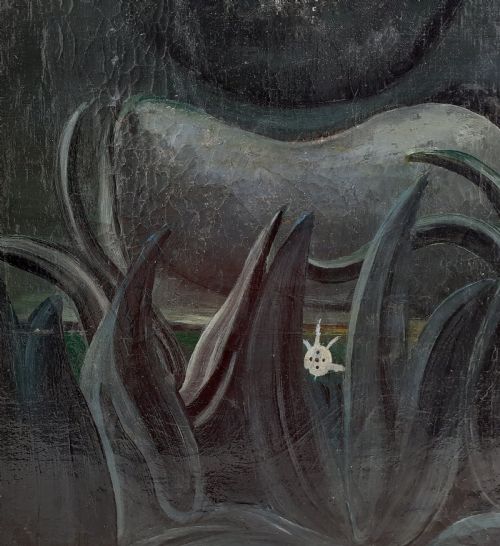 fig 3. A dark surrealist oil painting featuring spiky green foliage in the foreground with an abstract organic form and a glowing sphere set against a black background.