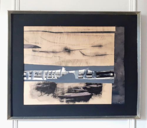 fig 1. Abstracted boats, 1968 Scandinavian modernist landscape mixed media sea scape painting on paper