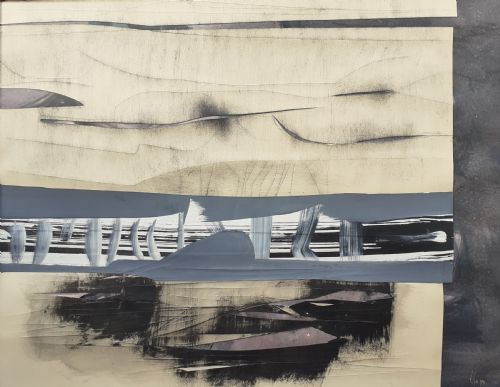 fig 2. Abstracted boats, 1968 Scandinavian modernist landscape mixed media sea scape painting on paper