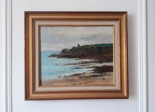 fig 1. A framed oil painting depicting a French coastal seascape with dark cliffs, blue water, and a small lighthouse on a grassy hilltop under an overcast sky.