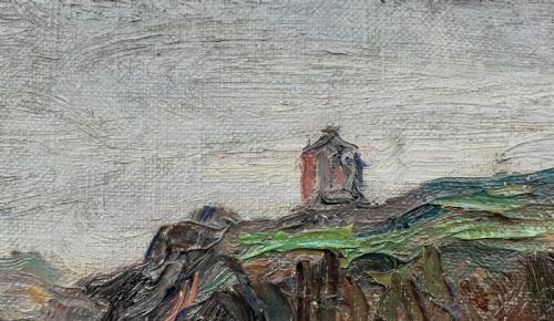 fig 2. A framed oil painting depicting a French coastal seascape with dark cliffs, blue water, and a small lighthouse on a grassy hilltop under an overcast sky.