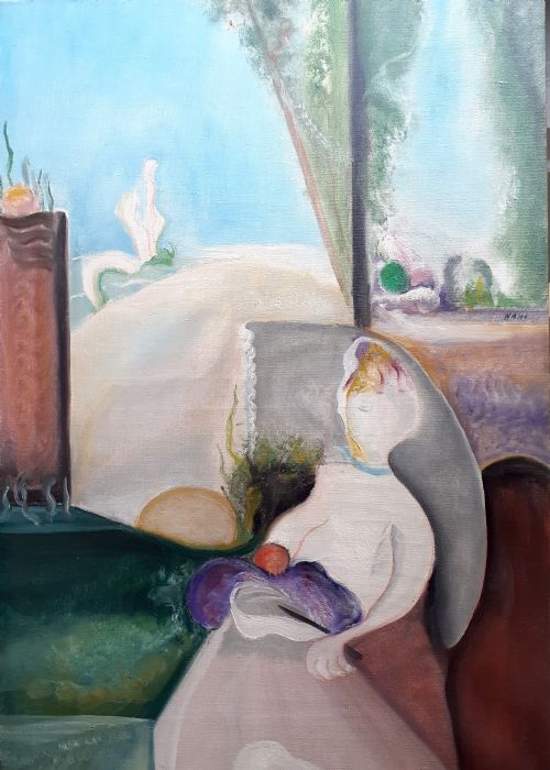 Woman Dreaming, the Dropped Knitting Needles, French Surrealist Large Oil on Canvas