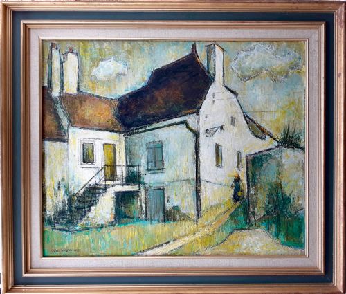 Gardening at the Old Farmhouse: Large Mid Century Modern Abstracted Oil on Canvas Manner