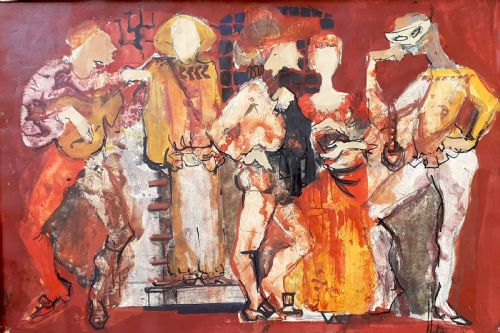 Musicians and Actors, Figures from the Comedia Dell'arte Theatre: French Modernist Gouache Painting on Paper