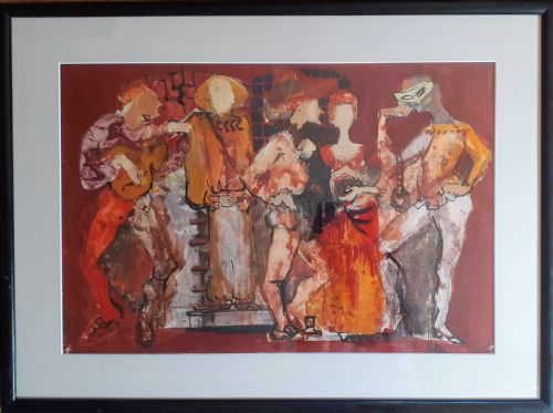 fig 1. Musicians and actors, figures from the Comedia dell'Arte theatre: French modernist gouache painting on paper