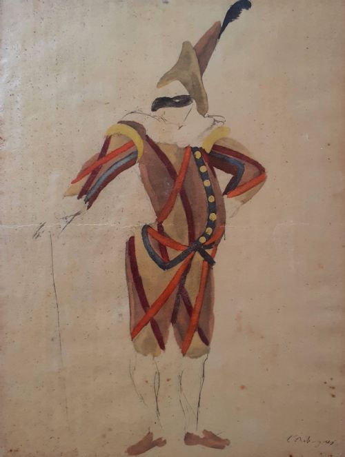 Harlequin, Masked Figure from the Comedia Dell'arte Theatre French Gouache Painting on Paper