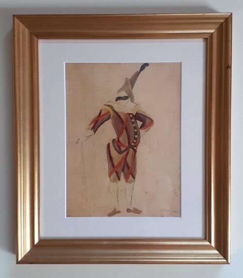 fig 1. Harlequin, masked figure from the Comedia dell'Arte theatre French gouache painting on paper