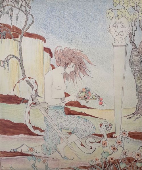Art Nouveau Snake Charmer, 1920 Exquisite Provenance Arts and Craft Period Mixed Media Painting American in Paris