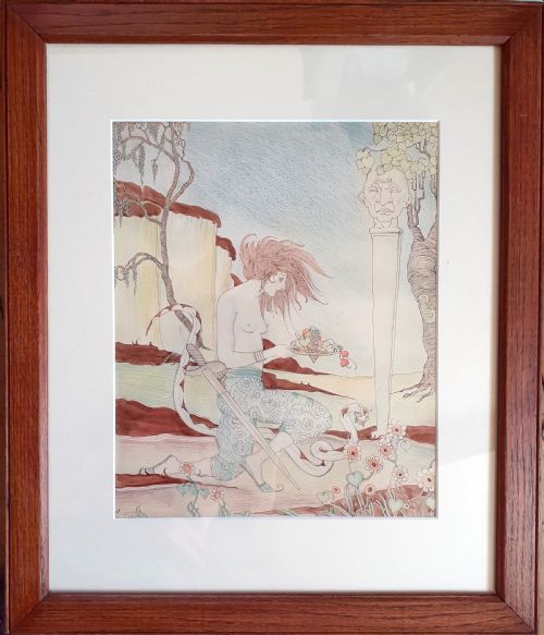 fig 1. Art nouveau snake charmer, 1920 exquisite provenance arts and craft period mixed media painting American in Paris