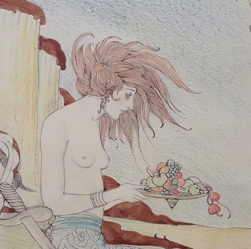 fig 2. Art nouveau snake charmer, 1920 exquisite provenance arts and craft period mixed media painting American in Paris