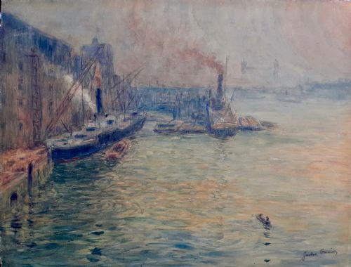 Masterpiece:  London Effect of Light and Smoke on the Thames, Tower Bridge, 1907 Contemporary to Monet Watercolour on Paper