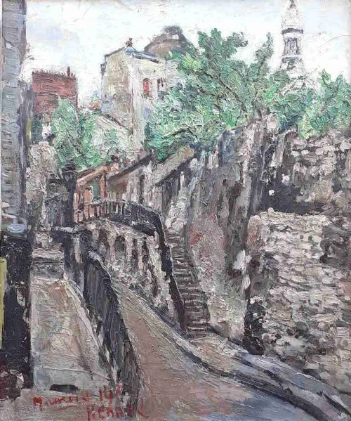 Utrillo-like Montmartre with Sacre Coeur Antique French Paris Cityscape with Rich Impasto Oil on Canvas