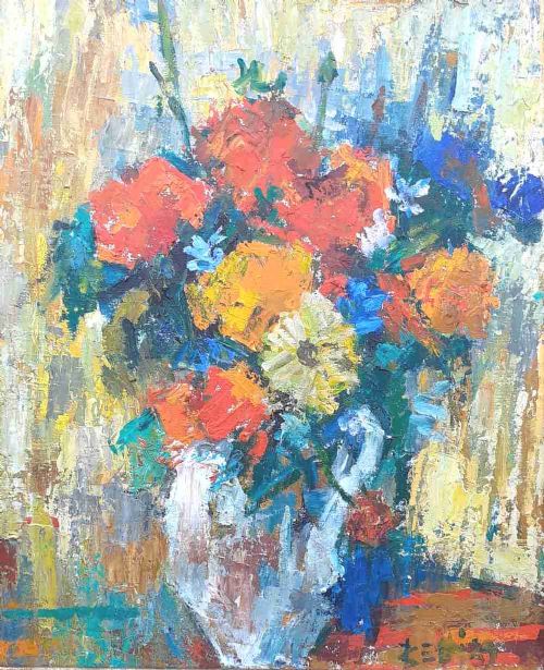 Colourful Abstracted Jazzy Flowers, 1960, French "Young Painting" Movement, Floral Still Life with Indian Carnations Oil on Canvas