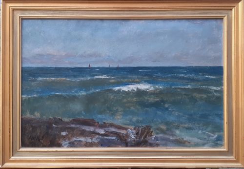 Three Sail Boats at Sea: 1930 Exhibited French Marine Seascape Oil on Paper
