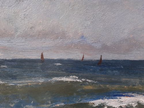 fig 1. Three Sail Boats at Sea: 1930 exhibited French marine seascape oil on paper