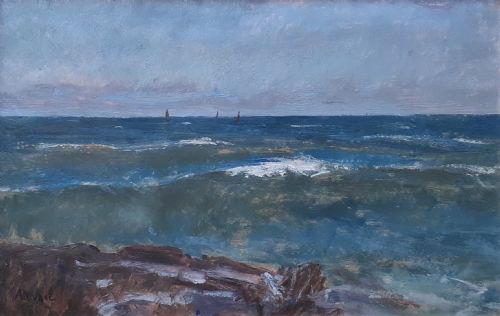fig 3. Three Sail Boats at Sea: 1930 exhibited French marine seascape oil on paper