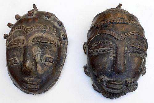 A Pair of Antique Ashanti African Bronze Miniature Mask Pendants, in Lost Wax Technique, Ghana Africa