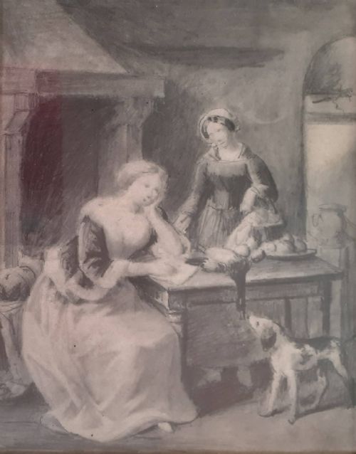 A Cheeky Dog in the Kitchen; Circa 1850, Temptation, Manner of Alexandre Decamps (1803-1860), Antique Graphite Drawing on Paper.