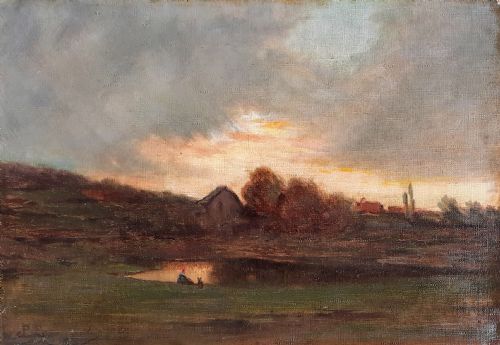 Lone Figure and His Dog. Sunset by the Lake. 19th Century French Barbizon Tradition Oil Painting on Canvas