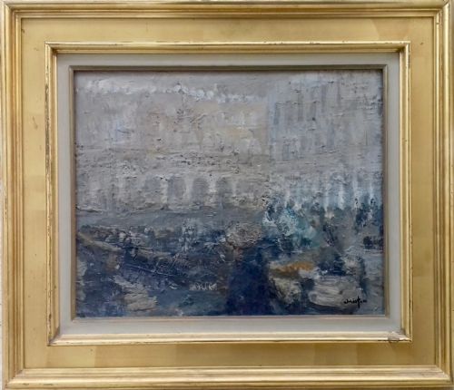 Venice in the Mist: Palace and Huddled Figures, Abstracted French Modernist Oil on Canvas, 1967