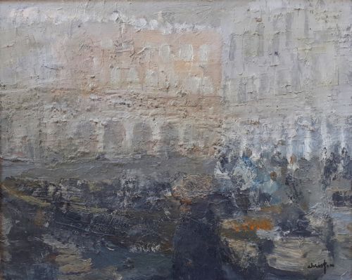fig 2. Venice in the mist: palace and huddled figures, abstracted French modernist oil on canvas, 1967