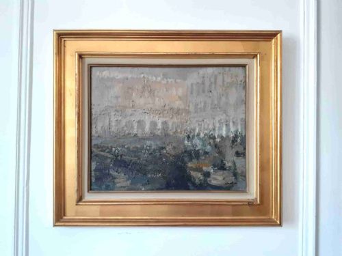 fig 1. Venice in the mist: palace and huddled figures, abstracted French modernist oil on canvas, 1967