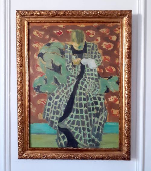 fig 1. Large colourful French Fauve inspired oil on canvas woman at her needlework artwork with a story