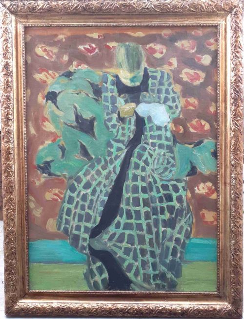 Large Colourful French Fauve Inspired Oil on Canvas Woman at Her Needlework Artwork with a Story