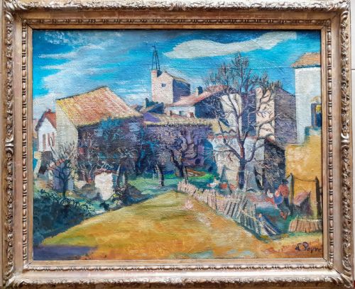 French Mediterranean Colourist Fauve Landscape, 1940s, 
Woman at the Chicken Coop, Oil on Jute