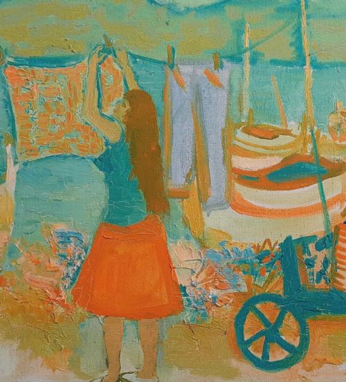 fig 1. The washing line: laundry in the South of France: French colourist oil painting, 1960 Saint Tropez artist, circle of Picasso and Boris Vian