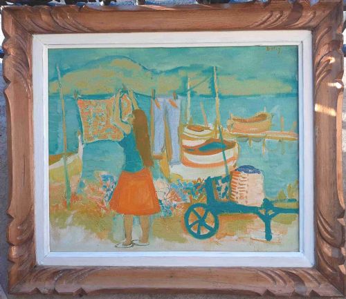fig 3. The washing line: laundry in the South of France: French colourist oil painting, 1960 Saint Tropez artist, circle of Picasso and Boris Vian