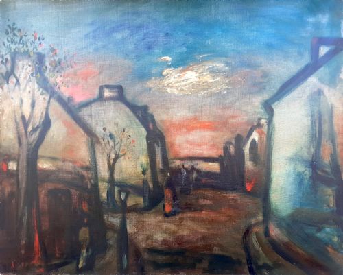 Cityscape, Magical Street Scene with Figures, Austrian Expressionist Oil on Canvas