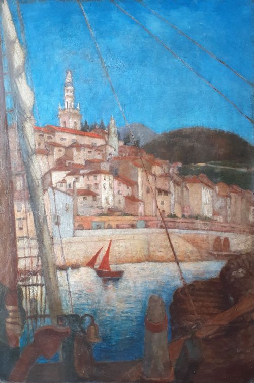 fig 3. Harbour in Provence, the South of France: Mediterranean Cote d'Azure seascape oil painting circa 1925