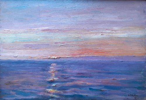 fig 2. Sunset over the English Channel, August 1904: plein air colourist Impressionist study of sea and light from a boat, marine seascape oil on panel painting