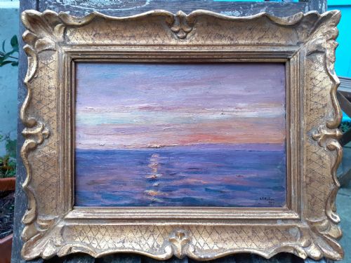 fig 3. Sunset over the English Channel, August 1904: plein air colourist Impressionist study of sea and light from a boat, marine seascape oil on panel painting