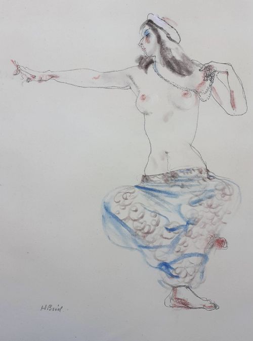 fig 2. An original Art Deco coloured chalk and graphite drawing on paper depicting a female dancer in costume, signed by artist Henry Bird.