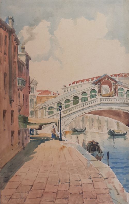 Venice, Figure Walking Along the Grand Canal 19th Century Watercolour on Paper