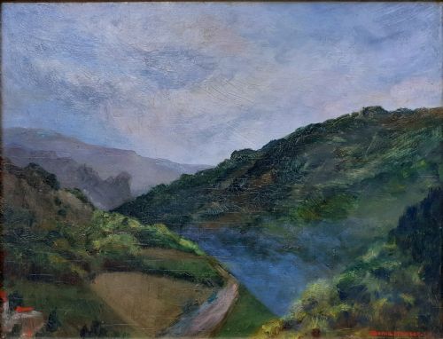 fig 1. Mountains: mist over the valley, large skies: 1930s Franco Danish woman artist Impressionist oil on panel