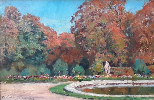 Autumn Colours 1908, Statue in the Park , Coloured Trees, Arts and Crafts Period French Landscape Oil on Canvas Painting