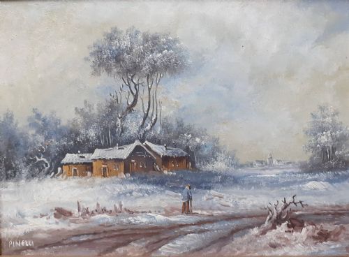 Winter Snow Scene with Lone Figure Oil on Board