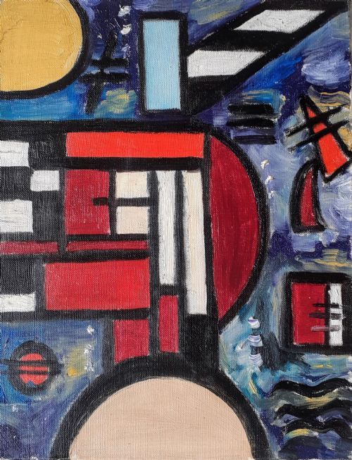 Constructivist Abstract Composition by German Bauhaus Student Gisevius Oil on Canvas, 1967