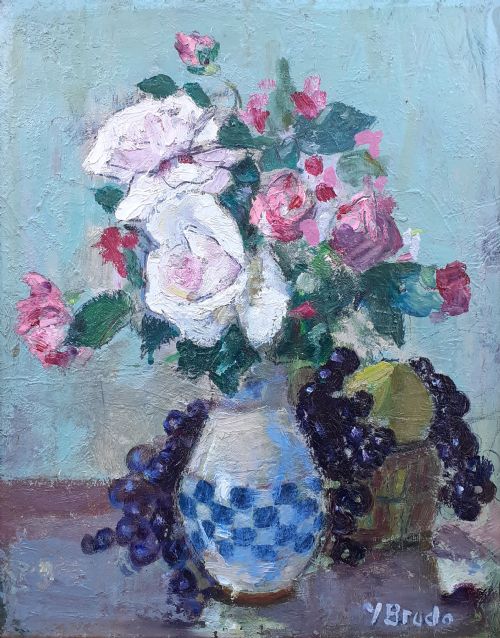 Exuberant Art Deco Period Floral Still Life with Roses and Grapes, Circa 1925, French Woman Artist Oil on Panel