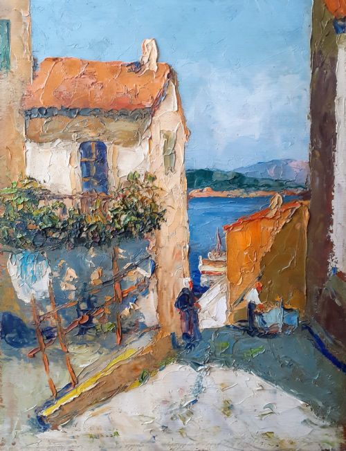 Figures in a Cote D'azur Fishing Village, Provence, the South of France Ca 1930 Mediterranean Landscape Oil on Board