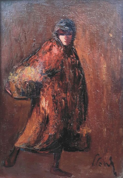 Flower Seller on Her Way to the Market: Dramatic Arts and Crafts Period Ca 1920 Oil on Board